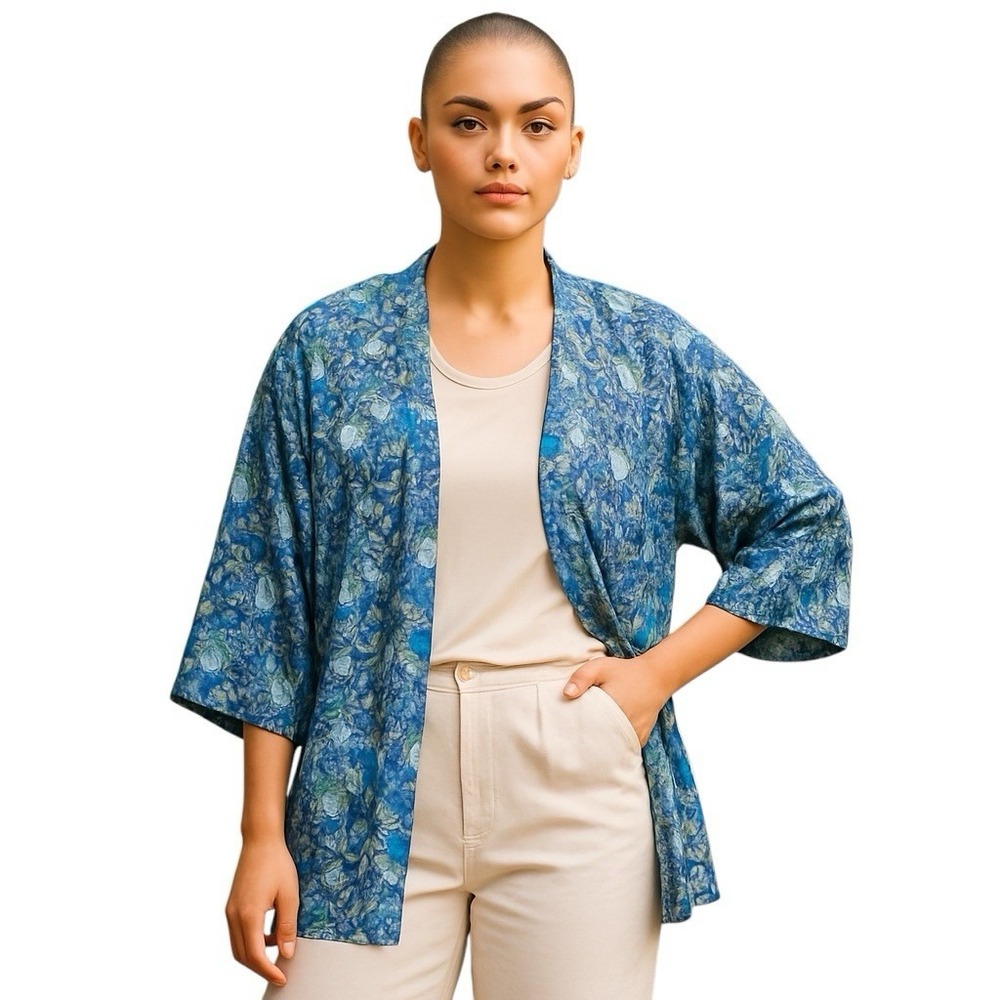 LuLaRoe Womens Large Blue Open Front Waterfall Cardigan Duster‎ Floral